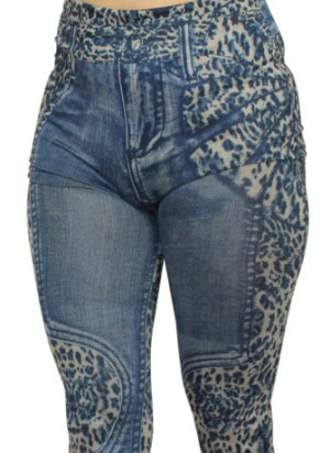 Legging bleu effet jean délavé imprimé léopard - FD1017